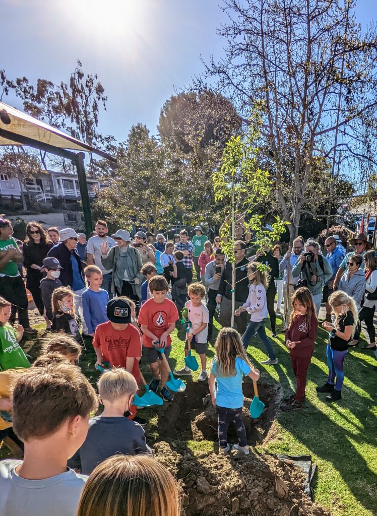 Tree planting at Arbor Day celebration in Bluebird Park