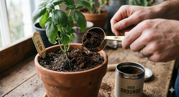 Coffee grounds in a potted plant